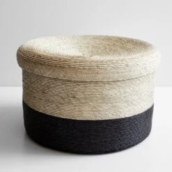 Black Band Round Storage Basket With Lid 14.75"