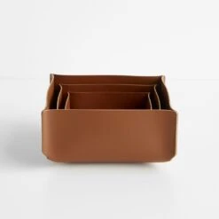 Square Pecan Leather Storage Bins Set Of 3