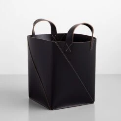 Twist Black Leather Floor Basket