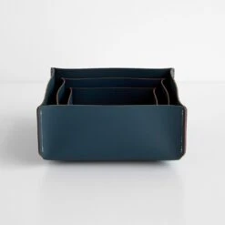 Square Deep Teal Leather Storage Bins Set Of 3